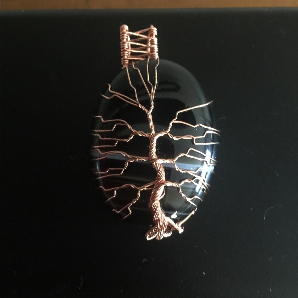 Real gemstone copper wrapped tree design pendant